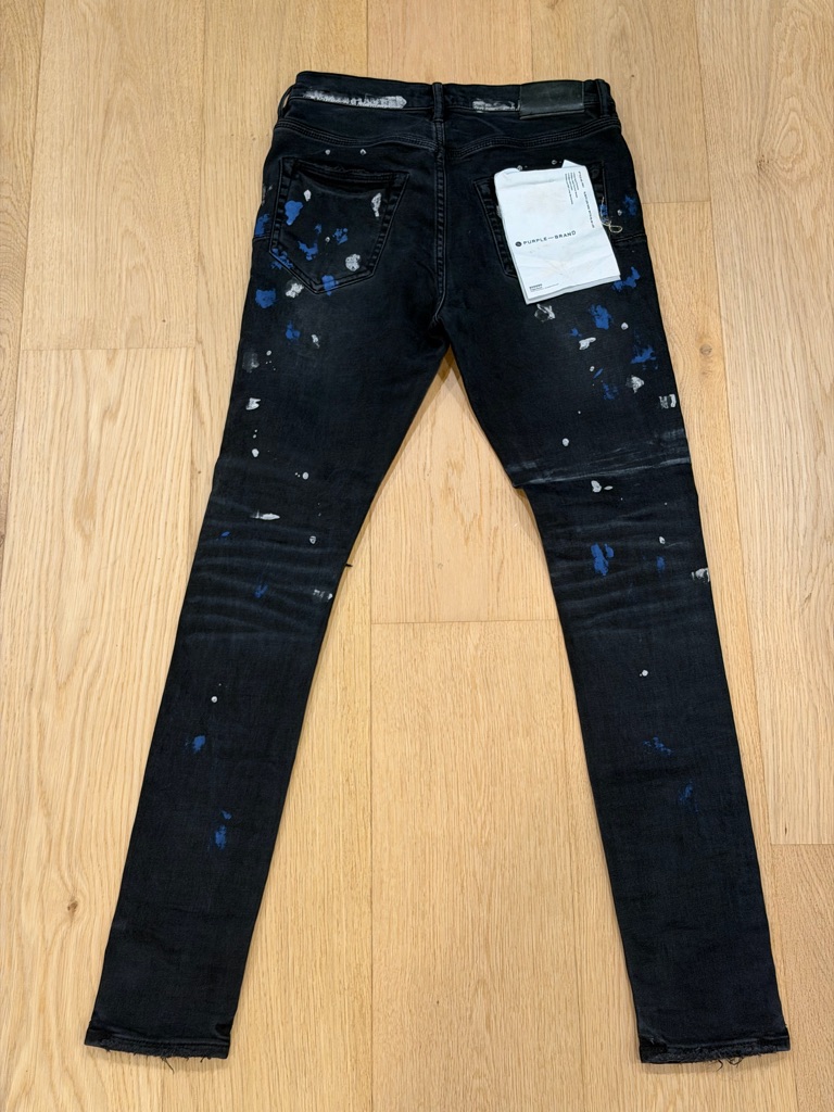 Men's Skinny Jeans - Black With Blue & White Paint Detail Purple Brand
